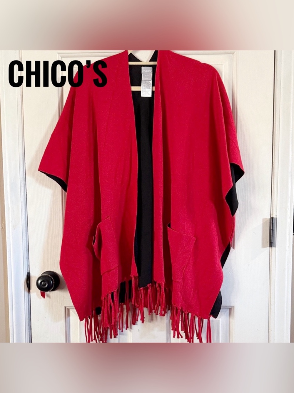 Chico's Red and Black Poncho With Fringe